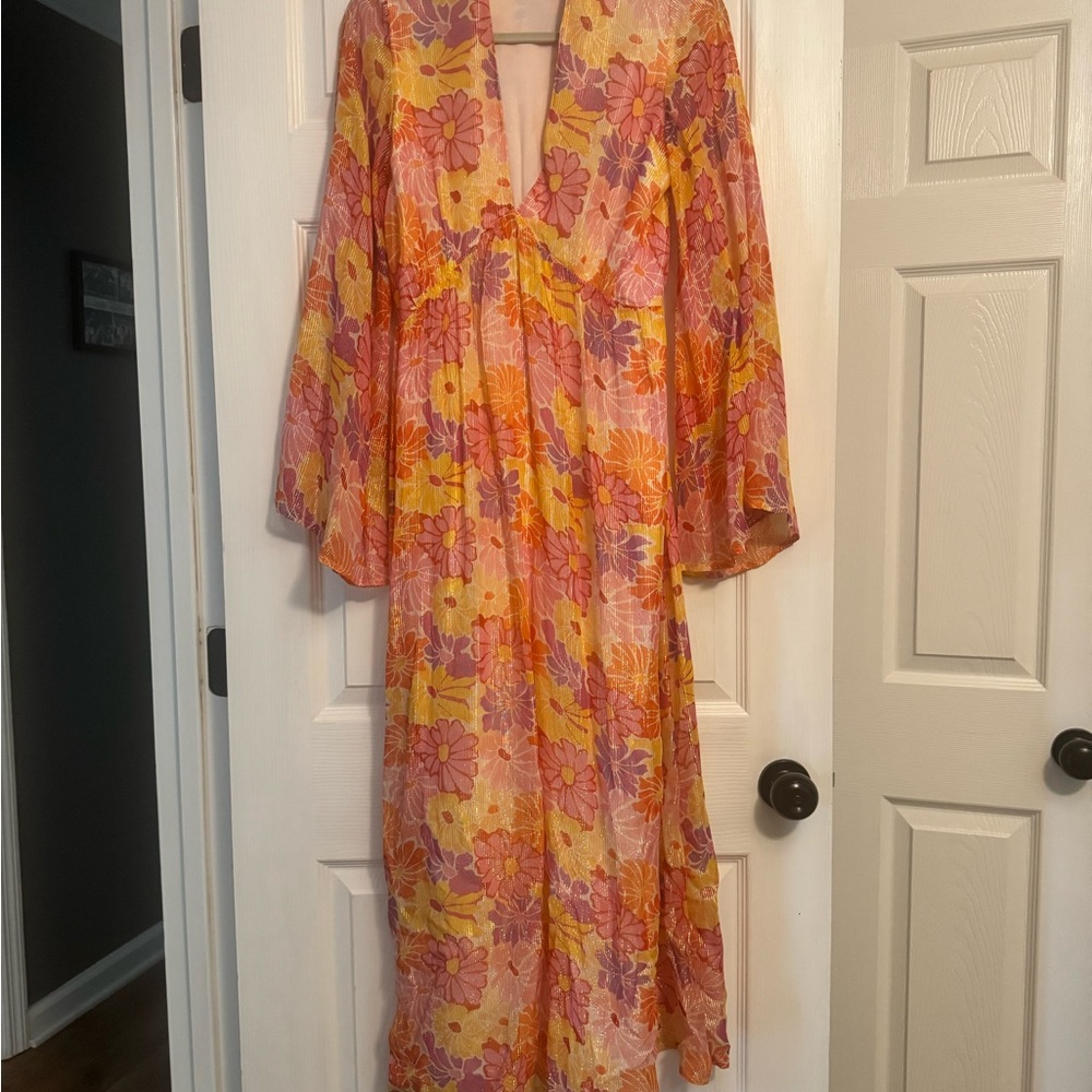 Orange and Pink Maxi Wrap Dress with Plunge Neckline